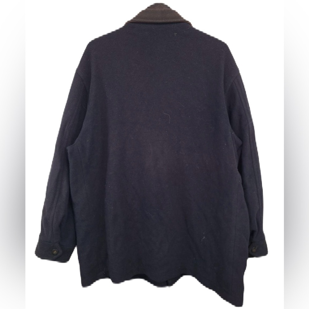 Burberry XL Navy Blue Wool Coat & Leather Collar Overcoat Vintage - Picture 2 of 13